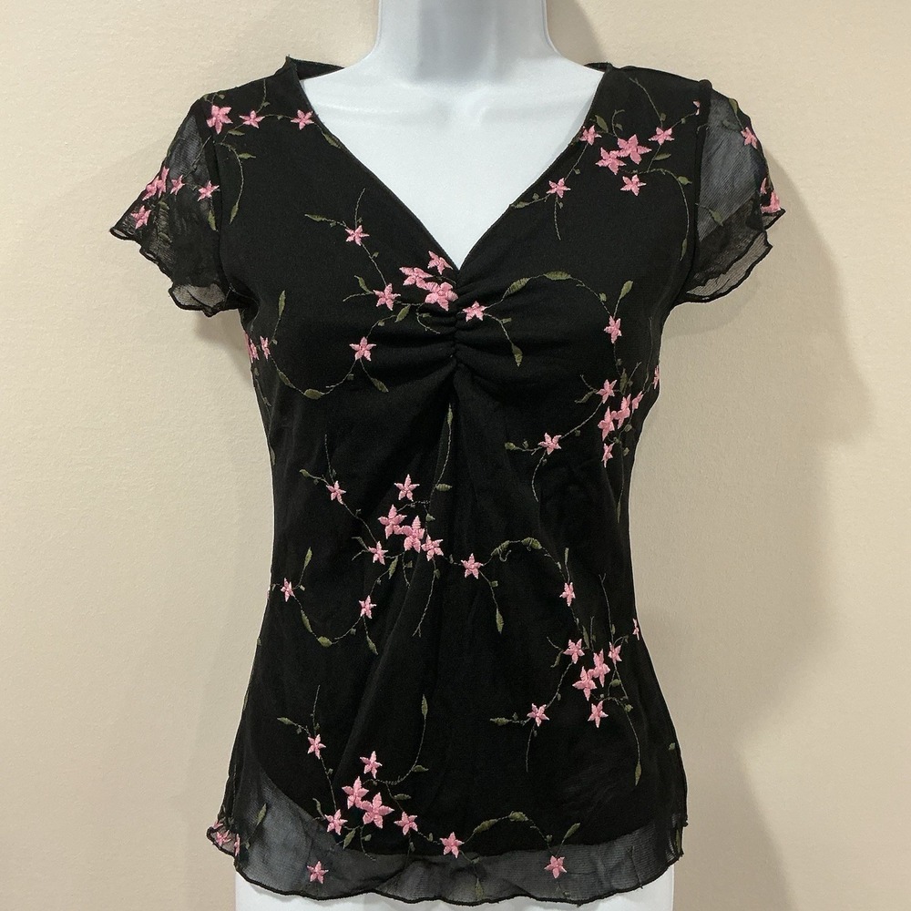 Y2K Wrapper Babydoll Dark Fairy Top Size M Black Floral Chiffon Whimsigoth Sheer